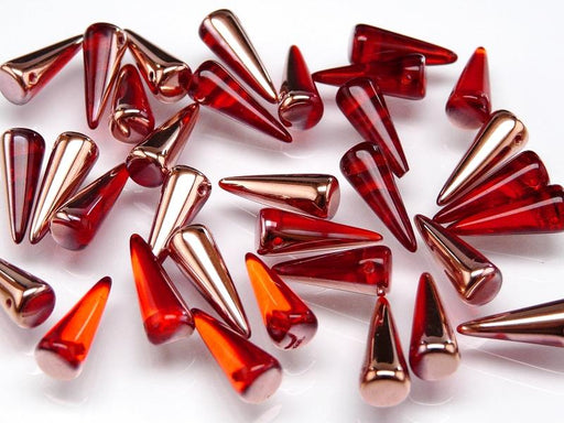 10 pcs Spike Pressed Beads, 7x17mm, Ruby Half Capri Gold, Czech Glass