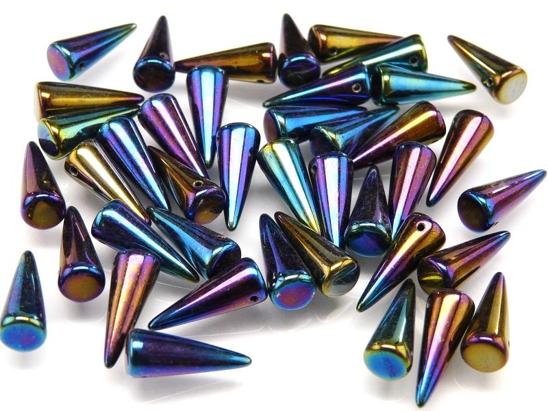 10 pcs Spike Pressed Beads, 7x17mm, Iris Rainbow, Czech Glass