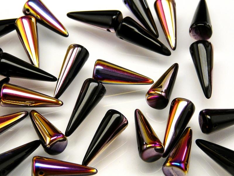 10 pcs Spike Pressed Beads, 7x17mm, Jet Black Half Sliperit AB, Czech Glass