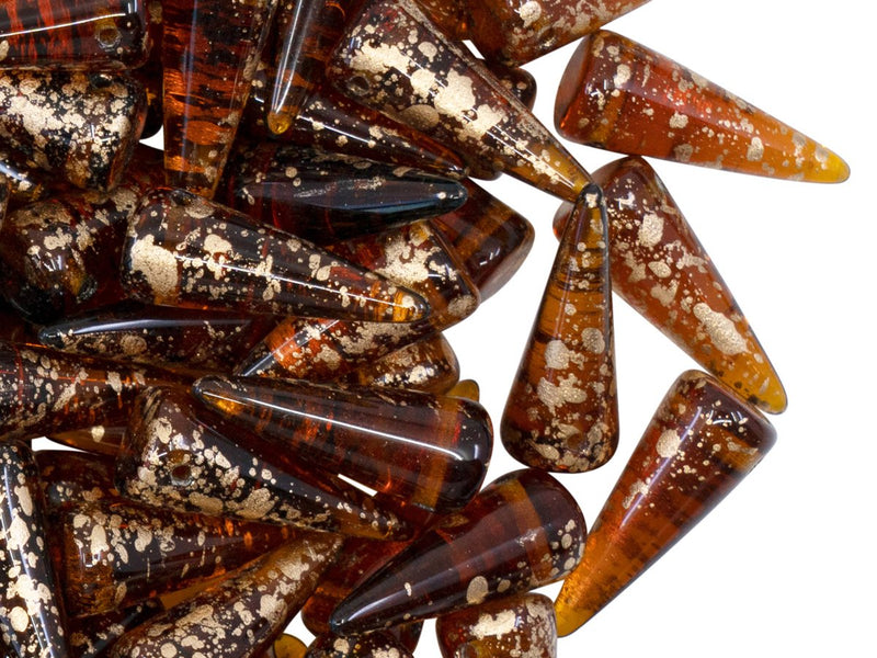 Spike Beads 7x17 mm, Dark Topaz Transparent Splash Gold, Czech Glass