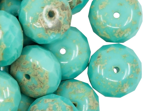 5 pcs Rondelle Fire Polished Beads, 17x11mm, Opaque Turquoise Green Travertine, Czech Glass