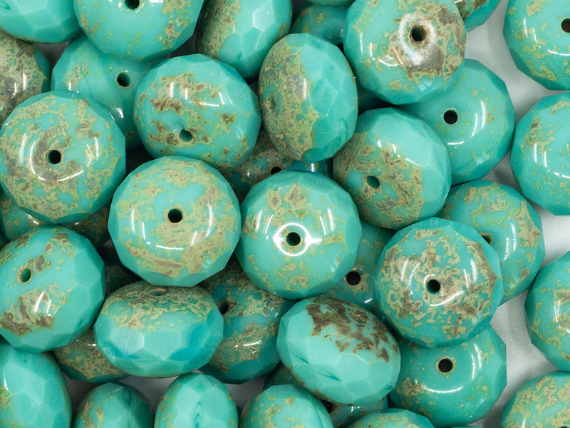 5 pcs Rondelle Fire Polished Beads, 17x11mm, Opaque Turquoise Green Travertine, Czech Glass