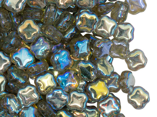 Four Pointed Star Beads 7x7x4 mm, Crystal Green Rainbow, Czech Glass