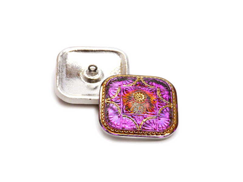 1 pc Czech Glass Button, Square Blue Vitrail Gold, Hand Painted, Size 33x33 mm