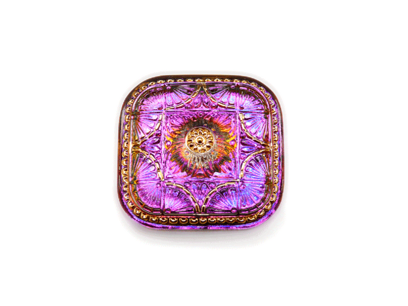 1 pc Czech Glass Button, Square Blue Vitrail Gold, Hand Painted, Size 33x33 mm