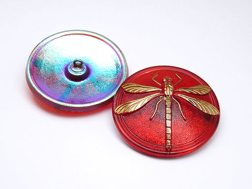 1 pc Czech Glass Button Hand Painted, Size 18 (40.5mm | 1 1/2''), Ruby Gold Dragonfly, Czech Glass