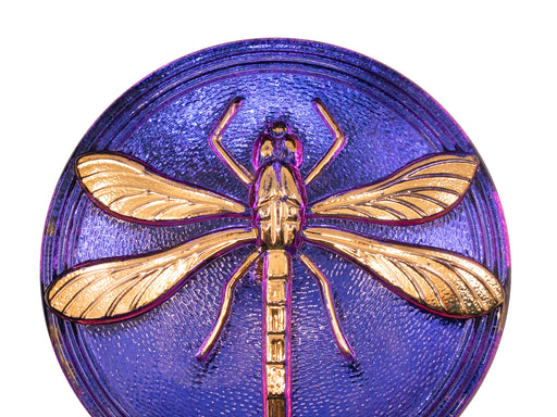1 pc Czech Glass Cabochons 40.5 mm (Smooth Reverse Side), Blue Purple Vitrail Gold Dragonfly, Czech Glass