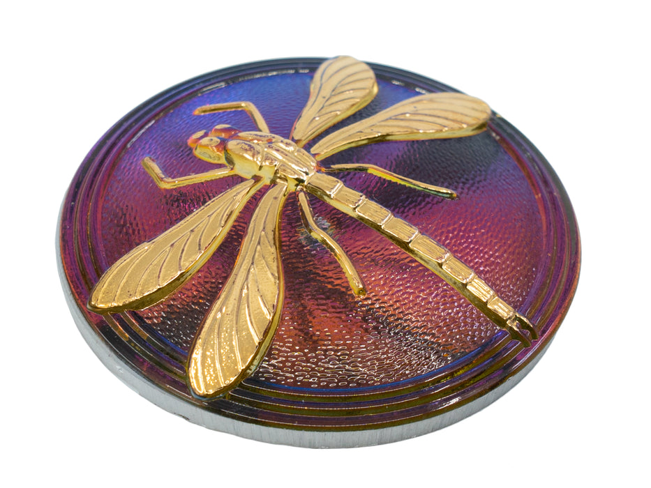 1 pc Czech Glass Cabochons 40.5 mm (Smooth Reverse Side), Blue Purple Vitrail Gold Dragonfly, Czech Glass