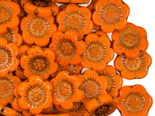 Flower Beads 18 mm Opaque Orange With Bronze Fired Colored Czech Glass Orange
