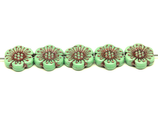 12 pcs Flower Beads, 18mm, Opaque Green with Bronze Fired Color, Czech Glass