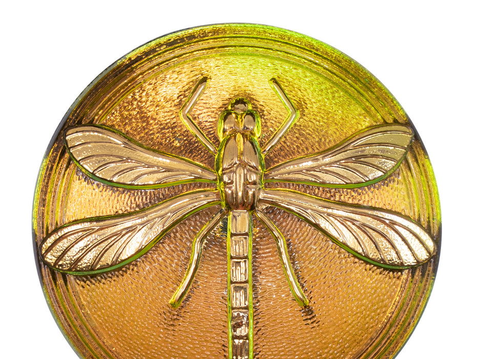 1 pc Czech Glass Cabochon Pink Green Gold Dragonfly (Smooth Reverse Side), Hand Painted, Size 18 (40.5mm)