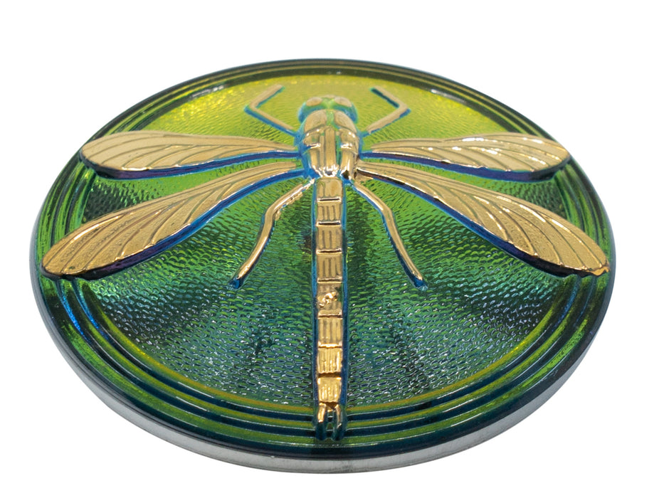 1 pc Czech Glass Cabochon Pink Green Gold Dragonfly (Smooth Reverse Side), Hand Painted, Size 18 (40.5mm)