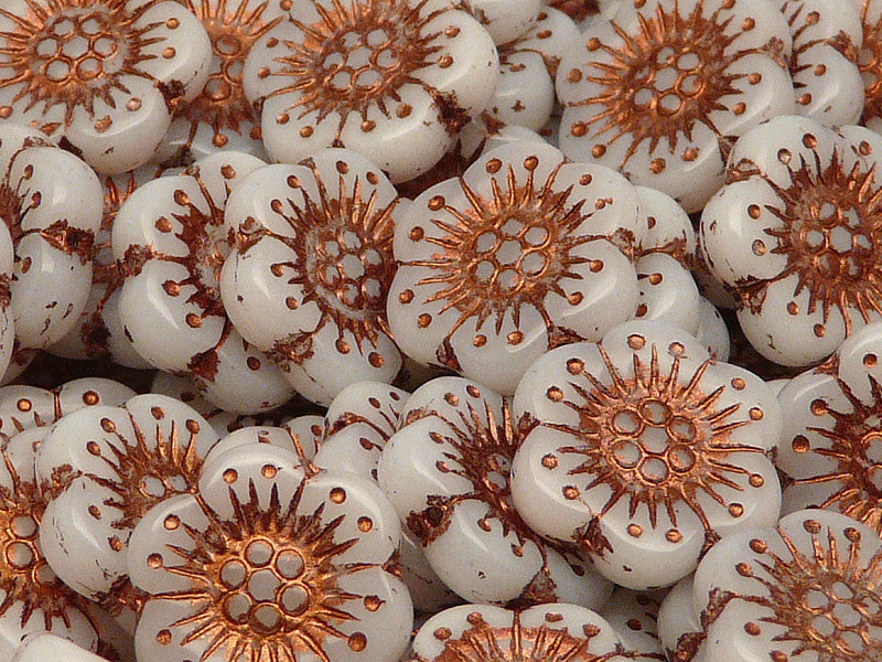 12 pcs Flower Beads, 18mm, White Alabaster with Bronze Fired Color, Czech Glass