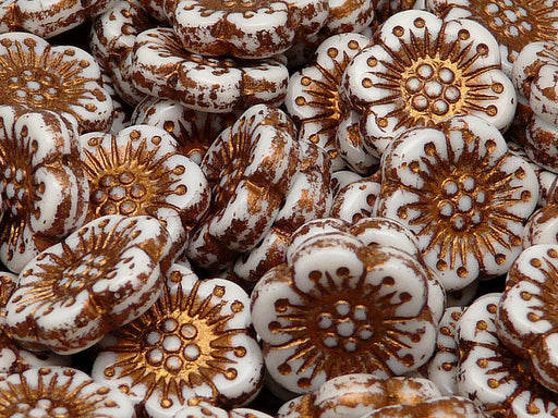 12 pcs Flower Beads, 18mm, Chalk White with Bronze Fired Color, Czech Glass