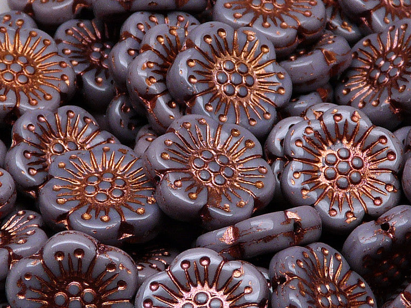 12 pcs Flower Beads, 18mm, Opaque Amethyst with Bronze Fired Color, Czech Glass