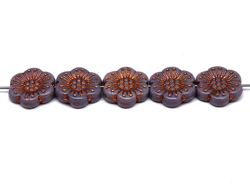12 pcs Flower Beads, 18mm, Opaque Amethyst with Bronze Fired Color, Czech Glass