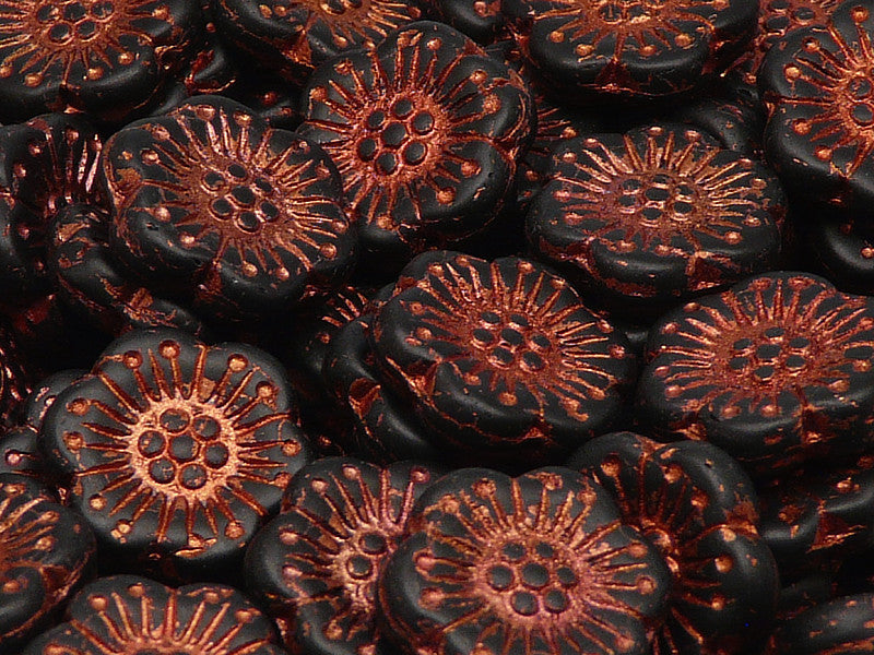12 pcs Flower Beads, 18mm, Jet Black Matte with Bronze Fired Color, Czech Glass