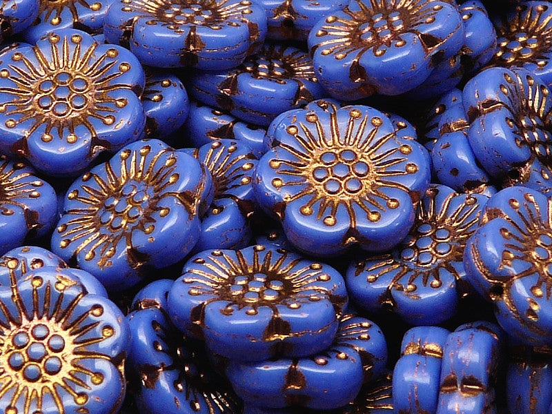 12 pcs Flower Beads, 18mm, Opaque Navy Blue with Bronze Fired Color, Czech Glass