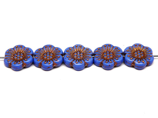12 pcs Flower Beads, 18mm, Opaque Navy Blue with Bronze Fired Color, Czech Glass
