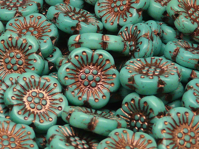 12 pcs Flower Beads, 18mm, Opaque Turquoise Green with Bronze Fired Color, Czech Glass