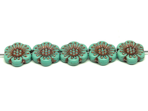12 pcs Flower Beads, 18mm, Opaque Turquoise Green with Bronze Fired Color, Czech Glass