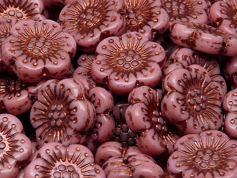 12 pcs Flower Beads, 18mm, Opaque Pink with Bronze Fired Color, Czech Glass