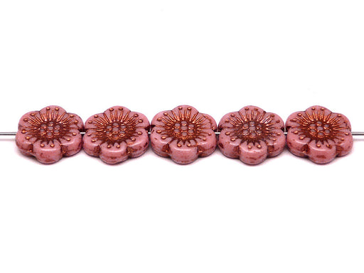 12 pcs Flower Beads, 18mm, Opaque Pink with Bronze Fired Color, Czech Glass