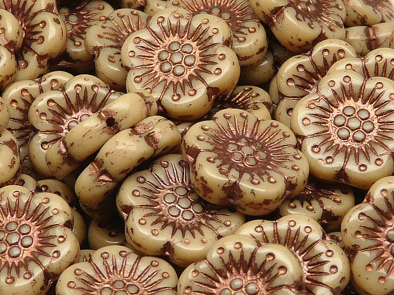 12 pcs Flower Beads, 18mm, Opaque Beige with Bronze Fired Color, Czech Glass