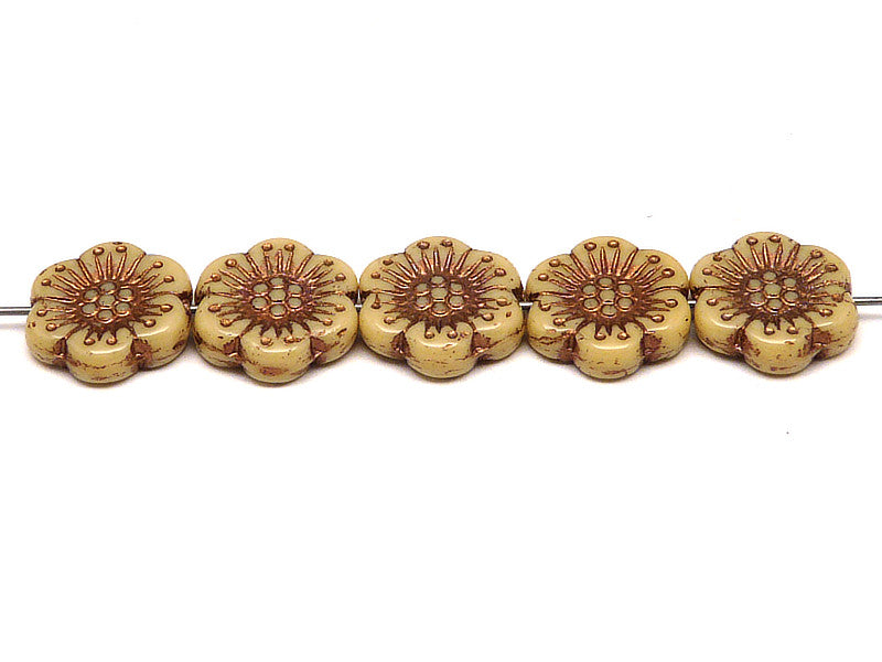 12 pcs Flower Beads, 18mm, Sapphire Opal with Bronze Fired Color, Czech Glass