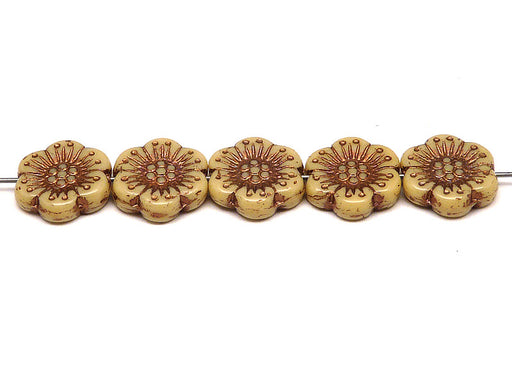 12 pcs Flower Beads, 18mm, Opaque Beige with Bronze Fired Color, Czech Glass