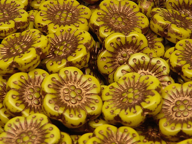 12 pcs Flower Beads, 18mm, Opaque Yellow with Bronze Fired Color, Czech Glass