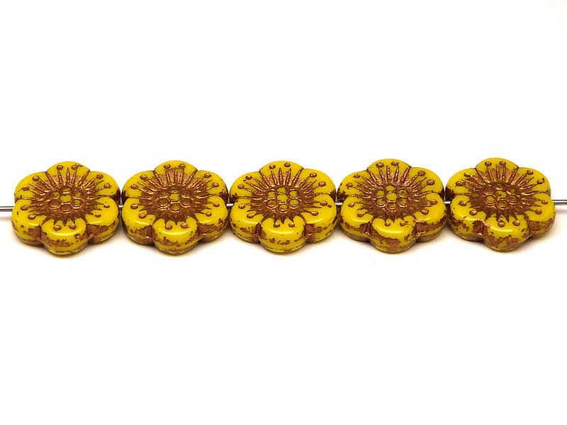 12 pcs Flower Beads, 18mm, Opaque Yellow with Bronze Fired Color, Czech Glass