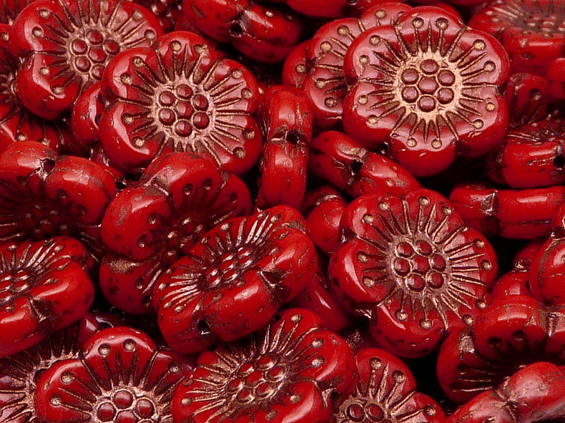 12 pcs Flower Beads, 18mm, Red Coral with Bronze Fired Color, Czech Glass