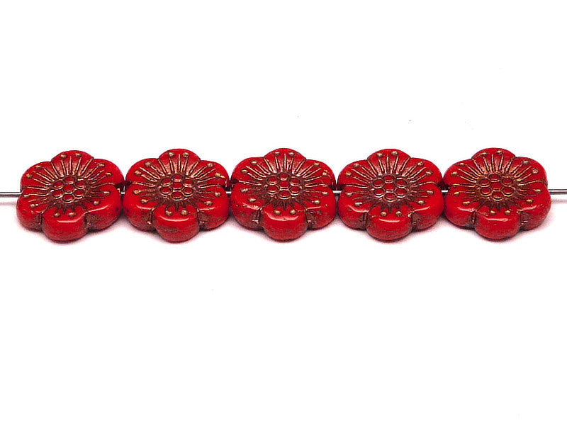 12 pcs Flower Beads, 18mm, Red Coral with Bronze Fired Color, Czech Glass