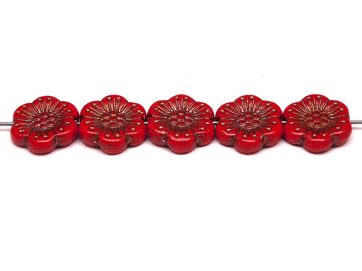 12 pcs Flower Beads, 18mm, Red Coral with Bronze Fired Color, Czech Glass