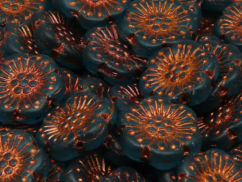 12 pcs Flower Beads, 18mm, Blue Matte with Bronze Fired Color, Czech Glass