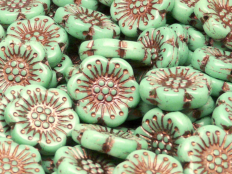 12 pcs Flower Beads, 18mm, Opaque Green with Bronze Fired Color, Czech Glass