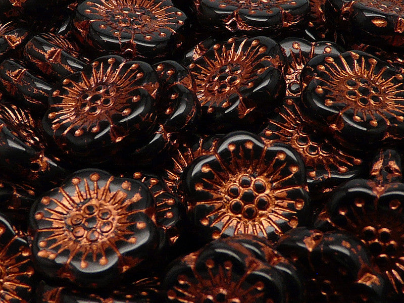 12 pcs Flower Beads, 18mm, Jet Black with Bronze Fired Color, Czech Glass