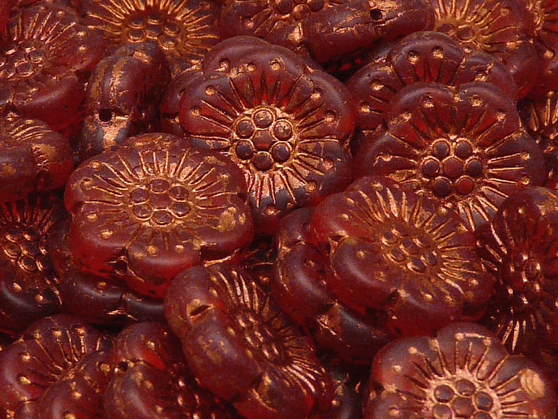 12 pcs Flower Beads, 18mm, Hyacinth Matte with Bronze Fired Color, Czech Glass