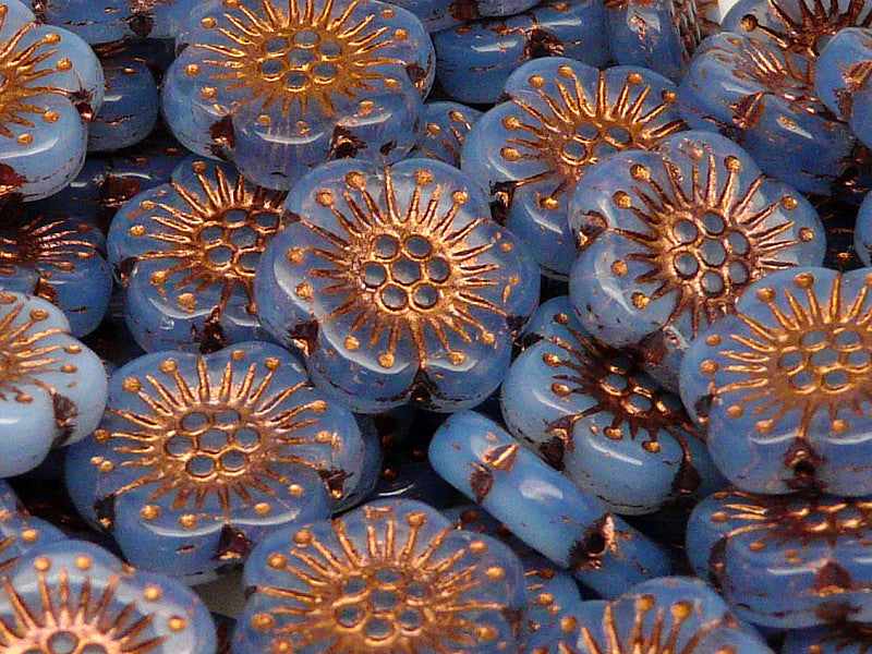 12 pcs Flower Beads, 18mm, Sapphire Opal with Bronze Fired Color, Czech Glass