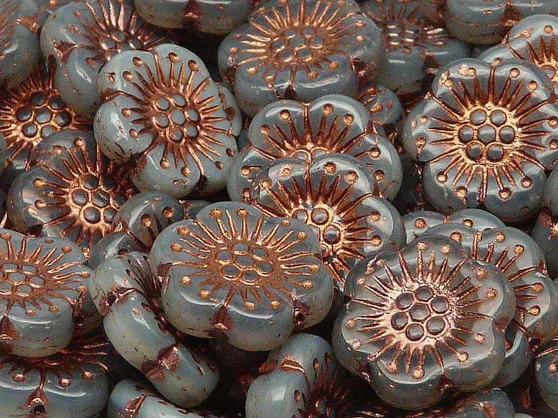 12 pcs Flower Beads, 18mm, Gray Opal with Bronze Fired Color, Czech Glass