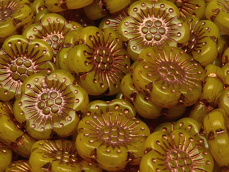 12 pcs Flower Beads, 18mm, Yellow Opal with Bronze Fired Color, Czech Glass
