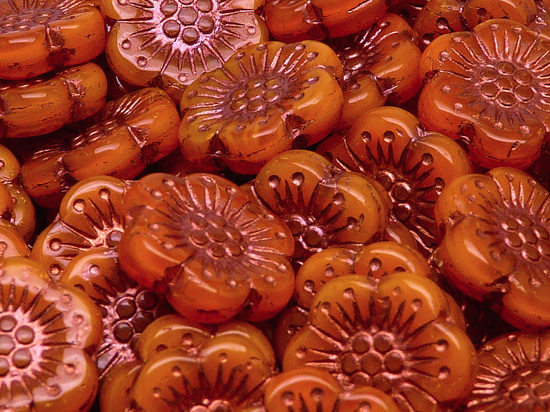 12 pcs Flower Beads, 18mm, Orange Opal with Bronze Fired Color, Czech Glass