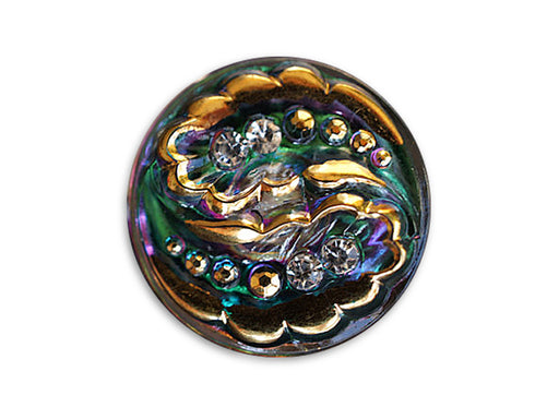 Czech Glass Button Hand Painted, Size 12 (27.0mm | 1 1/16''), Gold Green Purple with Crystal Rhinestones, Czech Glass
