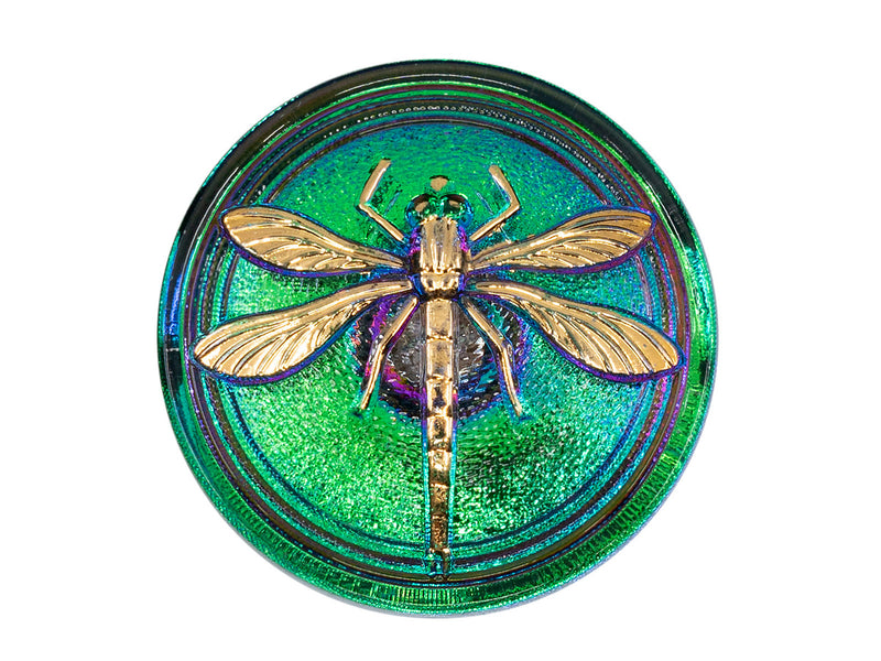 Czech Glass Buttons Hand Painted, Size 14 (31.5mm | 1 1/4''), Purple Green Chameleon With Gold Dragonfly, Czech Glass
