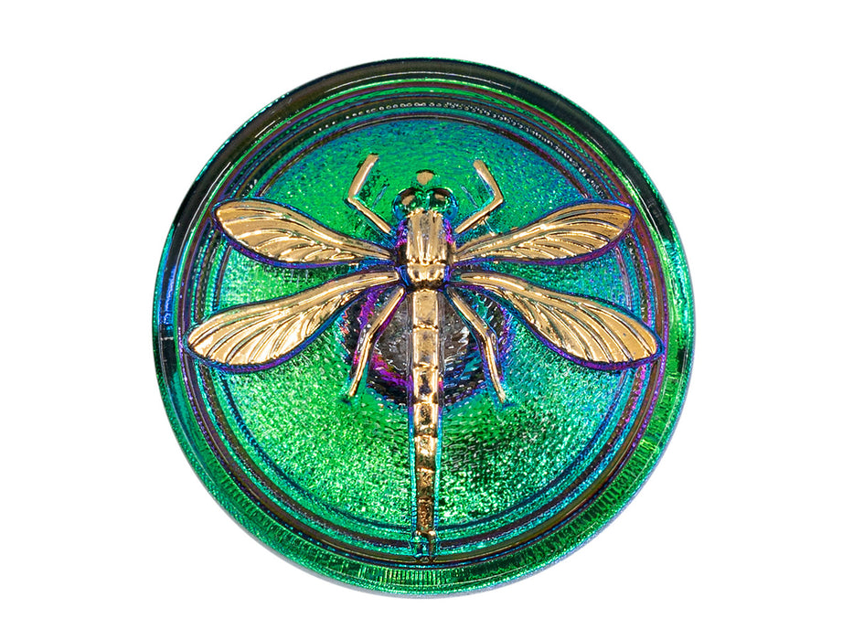 Czech Glass Buttons Hand Painted, Size 14 (31.5mm | 1 1/4''), Purple Green Chameleon With Gold Dragonfly, Czech Glass