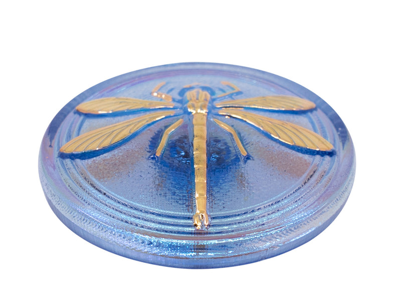 1 pc Czech Glass Buttons Hand Painted, Size 14 (31.5mm | 1 1/4''), Light Blue Green Chameleon With Gold Dragonfly, Czech Glass
