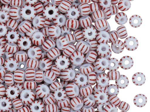 Rocailles Seed Beads 5/0, Chalk White With Red Strips, Czech Glass