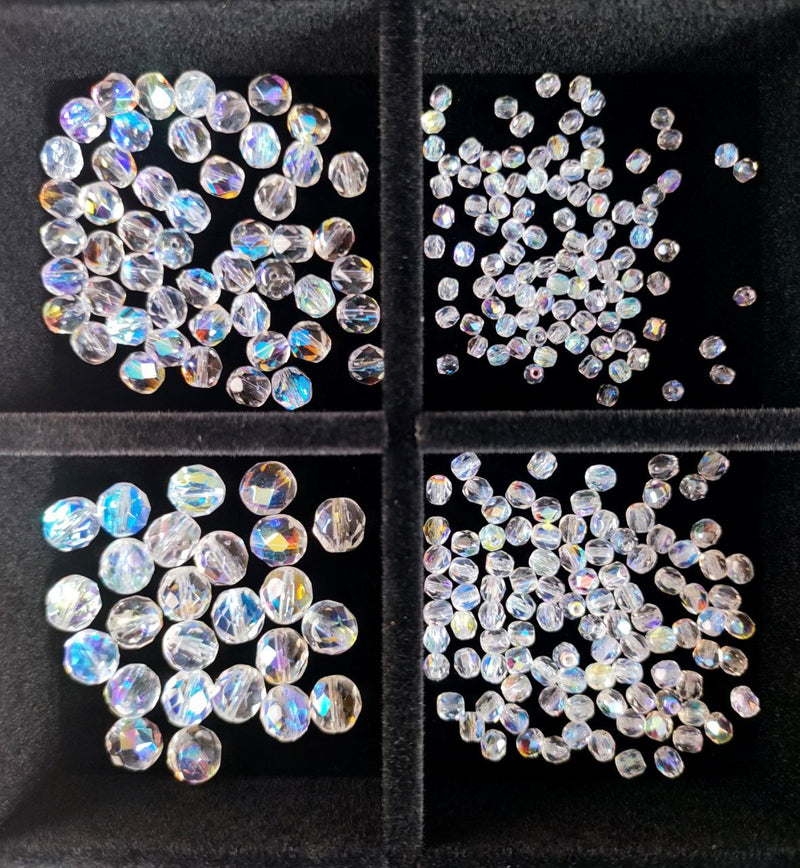 Set of Round Fire Polished Beads (3mm, 4mm, 6mm, 8mm), Crystal AB, Czech Glass