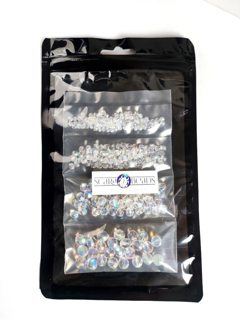 Set of Round Fire Polished Beads (3mm, 4mm, 6mm, 8mm), Crystal AB, Czech Glass